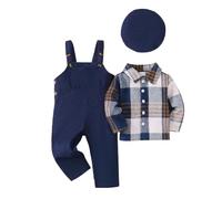 Ensemble Bébé Garçon Chemise à Carreaux+ Salopette en Velours Côtelé+Béret