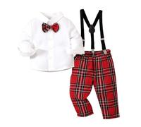 Ensemble Bebe Garçon Gentleman Chemise Unie avec Nœud+ Pantalon à Bretelles | Manche Longue Costume, Cérémonie Mariage Anniversaire,élégant Tenue de Noël Salopette à Carreaux,Printemps Automne Vêtement