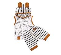 Ensemble Bebe garçon Naissance ete 0-24 Mois Vetement Bebe garçon Pas Cher Sweat a Capuche Bebe Garcon sans Manches Plume Haut Top Mignon Dessin animé Short Garcon rayée Tenue 2 (White, 0-6 Mois)