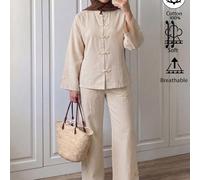 Ensemble beige lavé en lin texturé style chinois avec col montant, boutons grenouille, Top et pantalon large, tenue zen pour le quotidien, les trajets, le brunch et les fêtes de thé, automne/hiver L,M