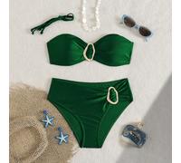 Ensemble bikini 2 pièces de couleur unie avec col ras-du-cou et accent métallique, convient pour les vacances sur une île, la plage et l'été L,M,S,XLUnicoloreÉtoffe