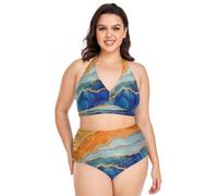 Ensemble bikini 2 pièces pour femme - Grande taille - Double bretelles - Dos nu - Taille L, Marbre Orange Bleu Royal, 4XL plus