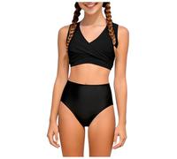 Ensemble bikini 2 pièces pour fille - Maillot de bain classique - Bustier confortable - Slip de bikini joyeux - Parfait pour l'été à la plage et à la piscine, Noir , 5-6 ans