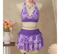 Ensemble bikini 3 pièces avec Top triangle violet à encolure ras-du-cou et mini-jupe, collection Printemps/Été 26SS L,M,S,XLPlantesPolyester