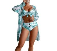 Ensemble Bikini 3 Pieces Femme avec Pareo Manche Longue Maillot De Bain Femme Tanga Taille Haute Push up été Chic Pas Cher Imprimé Fleurs Plage Océan Piscine Natation (Green, S)