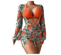 Ensemble Bikini 3 Pièces for Femme, Imprimé Tropical, Triangle, Col Licou, Robe De Bain en Maille, Orange, Grand(Orange,X-Large)