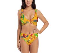 Ensemble bikini avec bonnet cactus et piment pour femme - Maillot de bain divisé - Short et hauts - Sports nautiques d'été, Noir , M