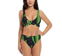 Ensemble bikini cactus art pour femme - Maillot de bain divisé - Short et hauts - Sports nautiques d'été, Noir , M