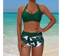 Ensemble bikini décontracté pour femmes avec short carré plissé imprimé de plantes tropicales et bretelles à nouer autour du cou pour la plage d'été L,M,S,XLTropical,PlantesÉtoffe