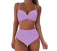 Ensemble Bikini Deux pièces pour Femme - Taille Haute - Col en V - Dos Nu - Dos torsadé - Maillot de Bain Femme 2 Pièces Bikini Taille Haute Maillot de Bain Ventre Plat Push Up à Torsion Latéral