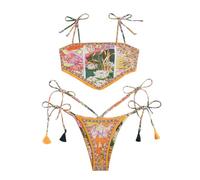 Ensemble Bikini Femme Deux Pièces Crochet Haut Triangle avec Nœud Neckholder Réglable Dos Push Up Rembourré Col en V Bas Tanga Taille Basse Imprimé Dégradé pour Plage (Orange-c, M)
