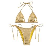 Ensemble Bikini Femme Or Métallique Brillant Haut Triangle Bas String à Nouer Maillot de Bain avec Haut Halter