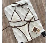 Ensemble bikini femme pour vacances à la plage, composé d'un Top triangle sans bretelles à bretelles spaghetti et d'un bas de bikini tanga, en couleur unie, pour le printemps/été L,M,S,XLBlocs de coul