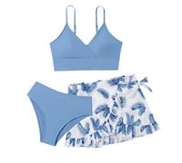 Ensemble bikini fille avec bretelles réglables, culotte, jupe, trois pièces, ensemble 3 pièces, bleu, 14-15 ans