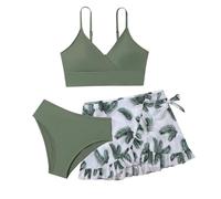 Ensemble bikini fille avec bretelles réglables, culotte, jupe, trois pièces, ensemble 3 pièces, vert, 14-15 ans