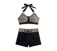 Ensemble bikini grande taille pour femme - Taille haute - Contrôle du ventre - Maillot de bain deux pièces - Imprimé ethnique - Avec short de bain d'été, Noir , 7,62 cm par 7,62 cm