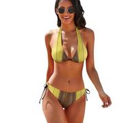 Ensemble Bikini imprimé Floral pour Femme, Motif Requin Rigolo avec Lunettes de Soleil, Style Tableau sur Bois Jaune. Maillot de Bain Triangle Sexy à Bretelles, idéal pour l'été.