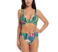 Ensemble bikini motif cactus fleuri pour femme, maillot de bain divisé, short et haut, sports nautiques, été, Noir , M