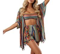 Ensemble bikini pour femme avec short de plage - Poncho de plage - Tunique de plage - Imprimé rétro bohème - 3 pièces - Maillot de bain deux pièces - Pour le quotidien et les voyages, Q Multicolore