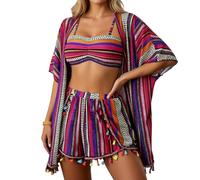Ensemble bikini pour femme avec short de plage - Poncho de plage - Tunique de plage - Imprimé rétro bohème - 3 pièces - Maillot de bain deux pièces - Pour le quotidien et les voyages, O Multicolore, M