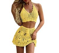 Ensemble bikini pour femme - Maillot de bain deux pièces au crochet - Dos nu - Mini robe bohème - Vêtement de plage - Taille haute - Contrôle du ventre, jaune, S