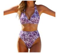 Ensemble Bikini pour Femme Maillot de Bain Deux pièces Taille Haute avec Haut Sexy Col en V Bikini Set Élégant Push Up Rembourré Été pour Vacances à la Plage fête à la Piscine (Purple, S)