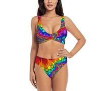 Ensemble bikini sexy deux pièces pour femme imprimé tie dye arc-en-ciel 2025, Noir , M