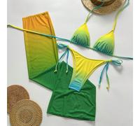 Ensemble bikini sexy pour femmes avec dégradé et lien autour du cou, avec jupe en maille transparente, créant un look de sirène pour les vacances à la plage en été L,M,S,XSTout ImpriméÉtoffe