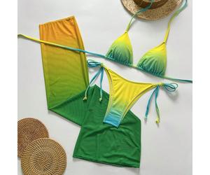 Ensemble bikini sexy pour femmes avec dégradé et lien autour du cou, avec jupe en maille transparente, créant un look de sirène pour les vacances à la plage en été L,M,S,XSTout ImpriméÉtoffe