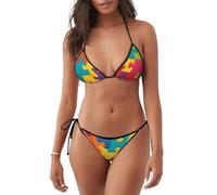 Ensemble bikini triangle sexy deux pièces pour femme (motif puzzle coloré), Motif de puzzles colorés, XXL