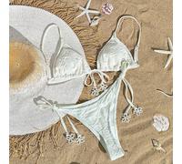 Ensemble bikini unicolore avec bonnet triangle, bretelles et décorations en fausse perle pour la plage d'été L,M,S,XLUnicolorePolyester