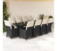 Ensemble bistro de jardin 11 pièces avec coussins en polyrotin noir, fauteuils réglables, plateau de table en verre trempé, résistant aux UV, pour balcon, terrasse et jardin