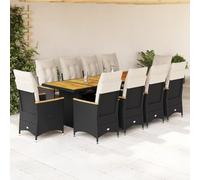 Ensemble bistro de jardin 11 pièces en polyrotin noir avec coussins, fauteuils de relaxation réglables, grande table à manger pour terrasse, balcon, extérieur