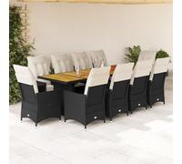 Ensemble bistro de jardin 11 pièces en polyrotin noir, fauteuils de relaxation réglables, table en bois d'acacia, résistant aux UV, avec coussins blanc crème pour terrasse, balcon, salle à manger