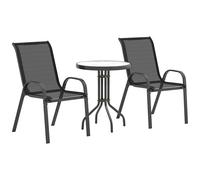 Ensemble Bistro De Jardin 3 Pièces - 2 Chaises, Table Ronde Plateau Verre - Acier Textilène Noir