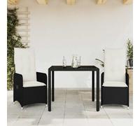 Ensemble bistro de jardin 3 pièces avec fauteuils relaxants réglables, rotin synthétique noir, table en verre, coussins blanc crème, meubles d'extérieur pour balcon, terrasse