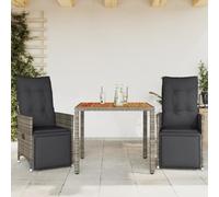 Ensemble bistro de jardin 3 pièces en polyrotin gris avec coussins, fauteuils de relaxation réglables, plateau de table en bois d'acacia pour extérieur, balcon, terrasse, charge maximale de 110 kg