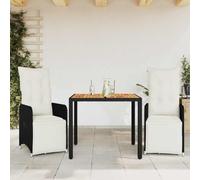 Ensemble bistro de jardin 3 pièces en polyrotin noir, chaises réglables, table en bois d'acacia, coussins blanc crème, résistants aux UV, pour balcon, terrasse, extérieur