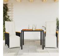 Ensemble bistro de jardin 3 pièces en polyrotin noir, fauteuils réglables, table en bois d'acacia, résistant aux UV, coussins blanc crème, pour balcon, terrasse, meubles de salon d'extérieur