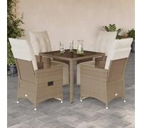 Ensemble bistro de jardin 5 pièces en polyrotin beige avec coussins, fauteuils de relaxation réglables, table de 90 x 90 cm, pour terrasse, balcon, extérieur