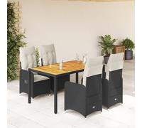 Ensemble bistro de jardin 5 pièces en polyrotin noir, fauteuils réglables, table en bois d'acacia, coussins blanc crème, résistants aux UV, aux intempéries, pour balcon, terrasse et jardin