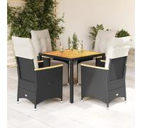 Ensemble bistro de jardin 5 pièces en rotin synthétique noir, fauteuils réglables avec coussins, plateau de table en bois d'acacia, résistant aux UV et aux intempéries, pour terrasse, balcon, jardin