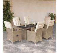 Ensemble bistro de jardin 7 pièces avec coussins beige en polyrotin - Fauteuils réglables - Plateau de table en verre trempé - Résistant aux UV - Pour balcon, terrasse