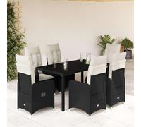 Ensemble bistro de jardin 7 pièces avec coussins en polyrotin noir, fauteuils réglables, table de 150 x 90 cm, pour extérieur, balcon, terrasse