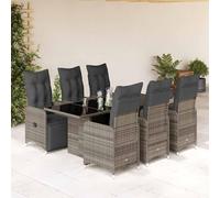 Ensemble bistro de jardin 7 pièces avec coussins gris en polyrotin - Fauteuils réglables - Table en verre - Pour terrasse, balcon