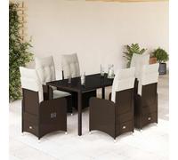 Ensemble bistro de jardin 7 pièces avec coussins, marron en polyrotin avec fauteuils réglables, plateau de table en verre trempé, résistant aux UV, pour terrasse, balcon, extérieur
