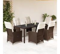 Ensemble bistro de jardin 7 pièces avec coussins, meubles d'extérieur en polyrotin marron, fauteuils réglables, table en verre trempé pour terrasse, balcon