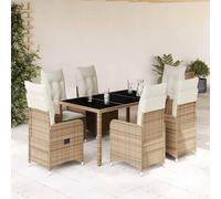 Ensemble bistro de jardin 7 pièces en polyrotin beige avec fauteuils réglables, table en verre trempé, coussins, résistant aux UV pour patio, balcon, salle à manger, meubles d'extérieur