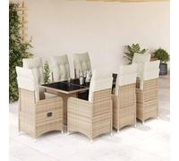 Ensemble bistro de jardin 9 pièces en polyrotin beige avec coussins, fauteuils de relaxation réglables, plateau en verre pour balcon, terrasse, extérieur