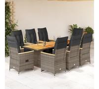 Ensemble bistro de jardin 9 pièces en polyrotin gris avec coussins, fauteuils de relaxation réglables, plateau en bois d'acacia, résistant aux UV, pour balcon, terrasse et jardin, salle à manger